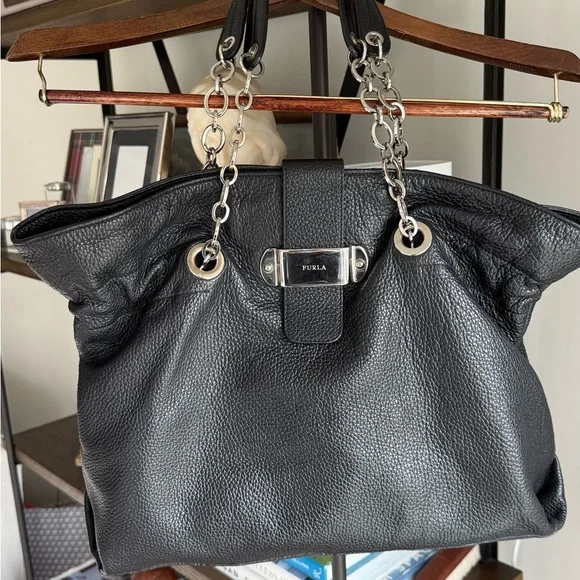 Furla Black Leather Shoulder Bag with Chain Straps - Picture 2 of 9